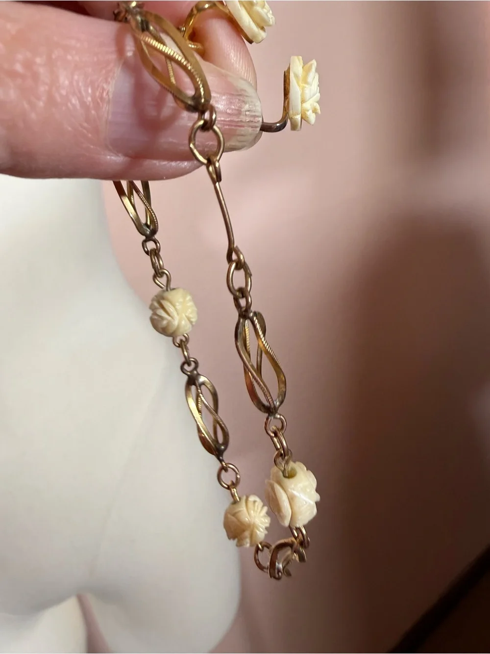 Vintage 1/20 12K GF gold cream flower delicate coquette bracelet earring set